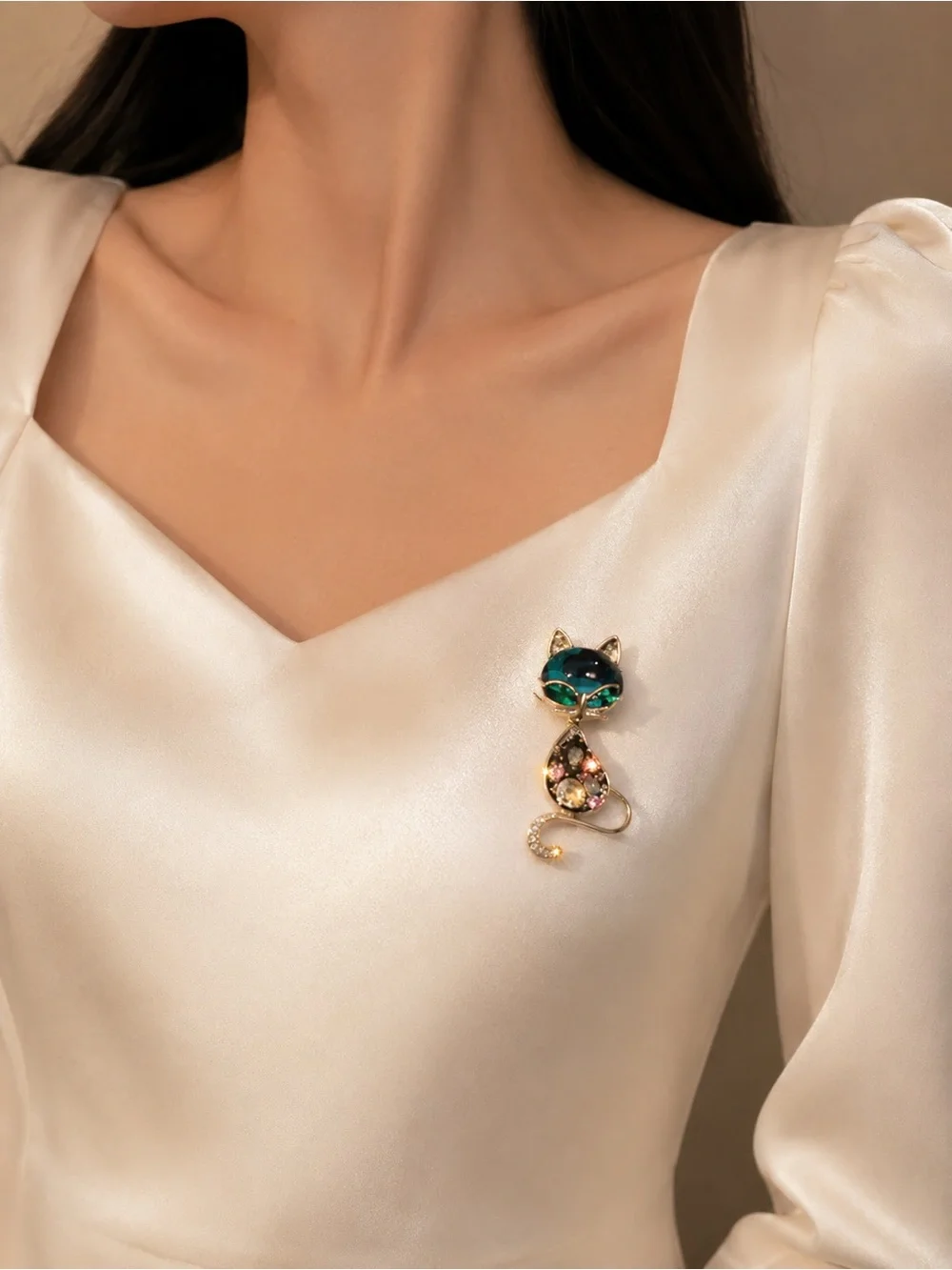 Gold tone Cat Brooch with Blue and Green Crystals - Elegant Pet-Inspired Jewelry